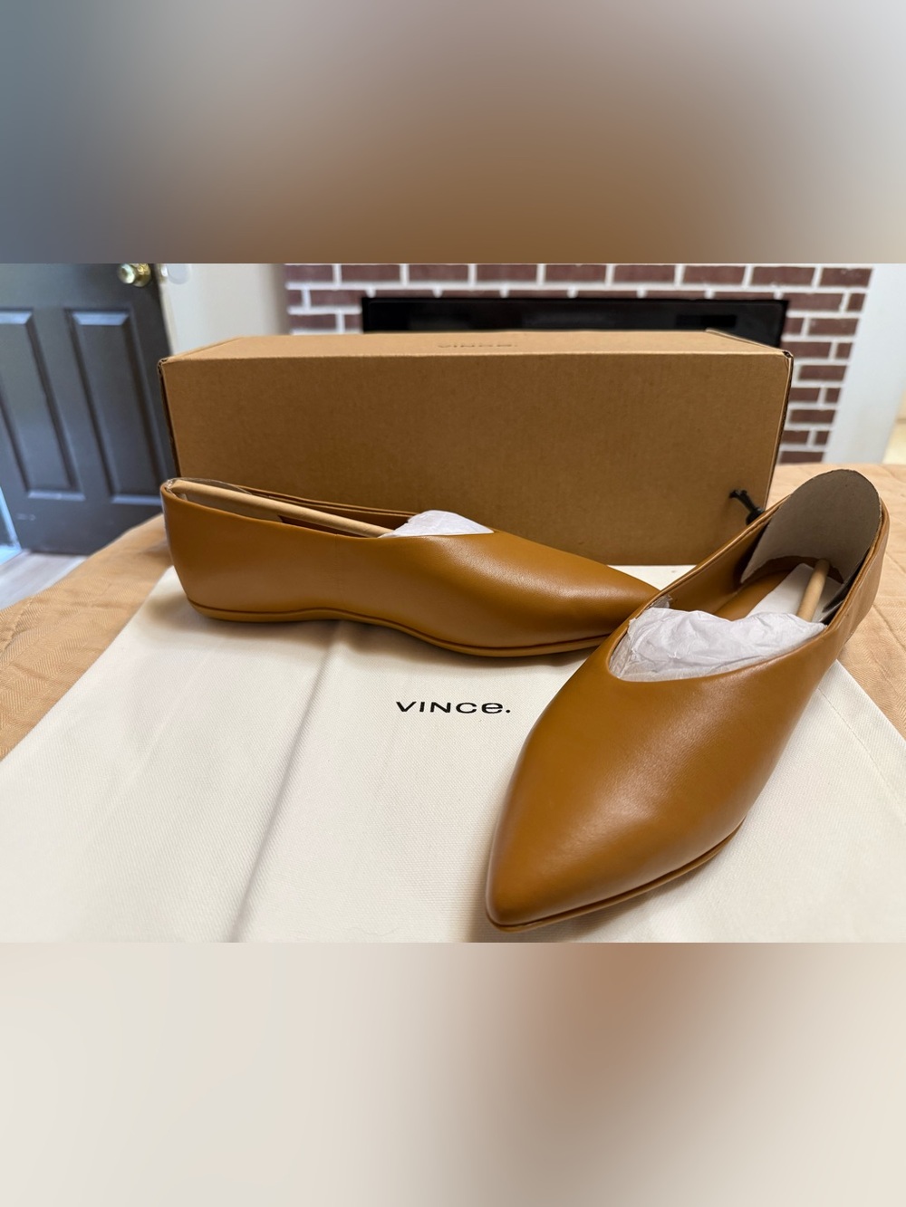Vince Pointed Leather Flats in Caramel